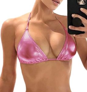 Women's Metallic Bikini Top - Halter Shiny Triangle Bralette Rave Tops Tie Side Swimsuit Bra, Pink, X-Large
