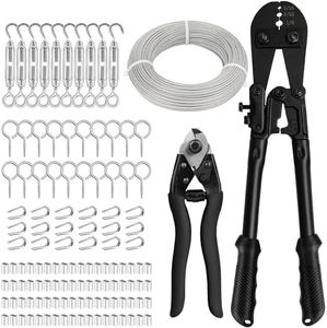 TooTaci 1/8 Stainless Steel Cable Kit, 150ft 1/8 Wire Rope with Crimping Tool & Cutter, Turnbuckle Wire Tensioner Kit, 7×7 Strands Aircraft Cable for Deck Railing, String Light Hanging, Curtain