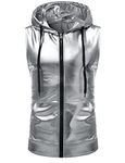 ZEROYAA Mens Hipster Metallic Zip Up Sleeveless Hooded Vest T Shirt with Kangaroo Pocket Z86 Silver X-Large