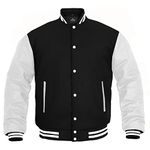 Men's Varsity Jacket Genuine Leather Sleeve and Wool Blend Letterman Boys College Varsity Jackets (Black/White, X-Large)