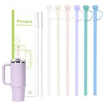 Reusable Straws Silicone with Straw Cover, 12 inch Long Replacement Silicone Straw for Stanley 40 oz 30 oz Cup Tumbler, Drinking Straws with 2 Cleaning Brush for Stanley Tumbler Cup, 6 Colors