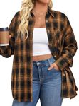 IN'VOLAND Womens Plus Size Flannel Plaid Shirt Roll Up Long Sleeve Mid-Long Button Down Shirts Casual Boyfriend Tops Brown