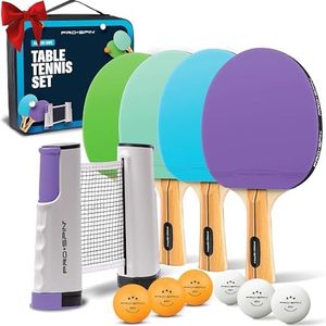 PRO SPIN All-in-One Ping Pong Set - Retractable Ping Pong Net for Any Table (72"), Ping Pong Paddles and Balls, Storage Case (4-Player Set, Purple/Blue/Mint/Green)