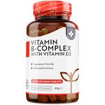 Vitamin B Complex High Potency - 1 Full Year Supply - 8 Vitamins B1-B2-B3-B5-B6-B12, Biotin, Folic Acid & VIT D3 in 1 High Strength Micro Tablet - Reduction of Tiredness - Made in The UK by Nutravita