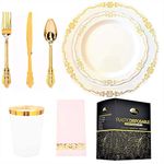 VNSG Plastic Plate Set┃175pcs for 25 Guests┃Disposable Plates┃Party Plates┃25 Dinner Plates, 25 Dessert Plates, 25 Cups (300ml), 25 Forks, 25 Spoons, 25 Knives, 25 Napkins (Vintage Gold)