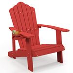 Tangkula Oversized Adirondack Chair, Patio Lounge Chairs w/Adjustable Cup Holder, HIPS Armchairs Slatted Chair, Outdoor Weather Resistant Fire Pit Chair for Deck Backyard Garden Porch (1, Red)