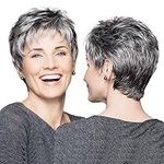 Gray Wig for Women,thickened Fluffy Black Gray Gradient Short Cut Wig Natural Shape Short Curly Wig Suitable for Daily Party Use Custome Wig for Middle-Aged and Elderly People Mother's Day Gift