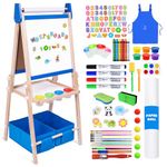 Joyooss Art Easel for Kids, Wooden Kids Easel Adjustable Standing Toddler Easel Drawing Board, Magnetic Double Sided Whiteboard & Chalkboard w Paper Roll for Kid Age 4-6- 8-10-12 Boys Girls Birthday Gifts Toys