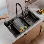 ARQUIN 304 Grade 30'' X 18'' X 9'' Kitchen Sink Anti Scratch Design With Integrated Waterfall And Pull-down Faucet Set & All Accessories All In One Stainless Steel Sink For Kitchen Nano Coated