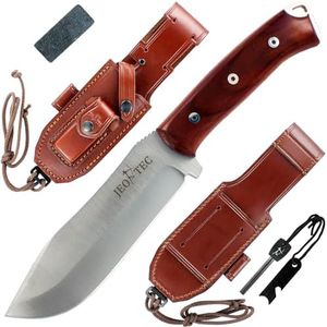 JEO-TEC Nº45 Coltello da Sopravvivenza Campeggio Caccia Outdoor - Fodero per Cintura in pelle + Pietra per Affilatura + Ferrocerio (firesteel) compresa - Fatto in Spagna