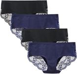 LIQQY Women's 4 Pack Cotton Lace Coverage Seamless Brief Panty Underwear (Black/Navy, Small)