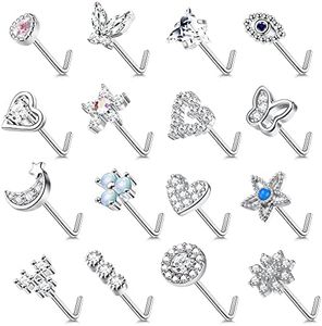 Kakonia 16 Pcs 20G Nose Studs Surgical Steel L Shaped Nose Rings Studs for Women Opal CZ Heart Butterfly Nose Piercing Jewelry Silver Rose Gold