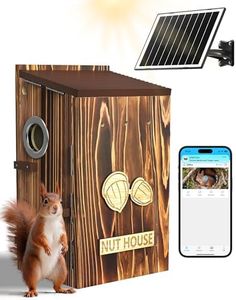 Squirrel Box with Camera Solar Powered, Auto Detect & Notify, Night Vision Pet Watching Cam for Squirrel Nesting Box, 2K HD, 2.4G Wi-Fi, APP Control, Smart Squirrel House for Outside Nesting