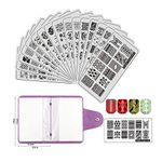 FingerAngel 21 Pcs Nail Templates Set Nail Plates Nail Stamping Templates Stamper Scraper Kit 16 Manicure Plates Set with 2 Stamper 2 Scraper 1 Nail Plate Storage Bag Organizer