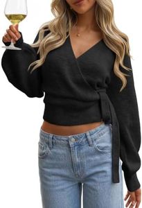 Trendy Queen Womens V Neck Wrap Sweater Fall Fashion Outfit Clothes Cropped