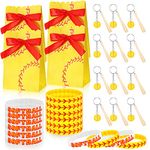 36 Pcs Softball Party Favor Set Include 12 Softball Party Treat Bag with Red Ribbon 12 Softball Keychain with Wooden Bat 12 Silicone Softball Bracelet for Sports Athletes Team Party Decorations