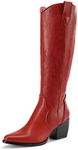 DREAM PAIRS Womens Cowboy Boots Comfortable Pull On Zipper Chunky Heel Pointed Toe Embroidered Western Cowgirl Knee High Boots Girls Ladies Retro Tall Boot,Size 6.5,Red,SDKB224W