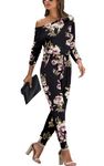 PCEAIIH Women's One Piece Jumpsuit Casual Loose Off Shoulder Long Sleeve Elastic Waist Stretchy Romper with Pockets L Purple Flower Black