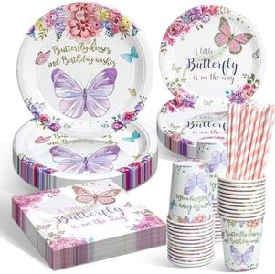 YIMAKJ Set di stoviglie per feste di compleanno, 120 pezzi, set di stoviglie per feste di compleanno, set con piatti di carta, cannucce, tovaglioli per decorazioni di compleanno, ragazze, feste, 24