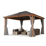 TOOLPORT Garden gazebo 4x4 m wood finish, steel roof hardtop 4 side panels in grey