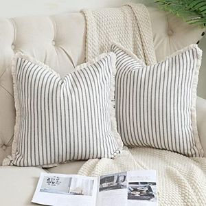 Hckot Throw Pillow Covers 18x18 Set of 2 Striped Pillow Covers with Fringe Chic Cotton Decorative Pillows Square Cushion Covers for Sofa Couch Bed Living Room Farmhouse Decor,Grey, HKPW5502