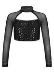 Mufeng Kids Girls Shinny Sequins Dance Crop Tops Mesh Spliced Long Sleeve T-Shirt Ballet Jazz Hip Hop Dance Costume Black 11-12 Years