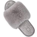 LongBay Women's Fuzzy Faux Fur Memory Foam Cozy Flat Spa Slide Slippers Comfy Open Toe Slip On House Shoes Sandals (Medium / 7-8, Gray)