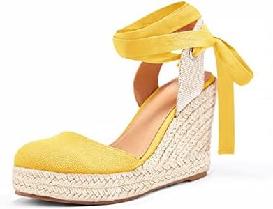 Ermonn Womens Espadrilles Wedge Sandals Platform Closed Toe Ankle Strap Lace Up Slingback Summer Shoes Yellow