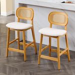 Wahson Mid Century Bar Stools Set of 2 Rattan Counter Chairs for Kitchen Islands Breakfast Bar Chairs with Backrest, High Stools for Home Bar/Pub, Beige