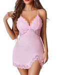 Avidlove Sexy Lingerie for Women Lace Nightgown Chemise Spaghetti Strap Babydoll Modal Sleepwear Full Slip Side Slit Nightwear Pink M