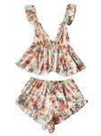 Verdusa Women's 2 Piece Floral Print Mesh Ruffled Peplum Cami Top and Shorts Pajama Sets, Beige and Red, Large