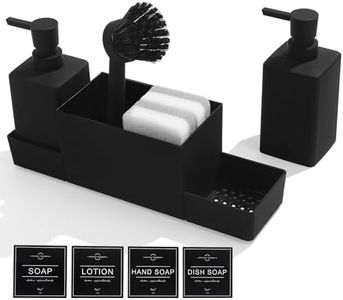 Kitchen Soap Dispenser Set with Sponge Caddy and Brush Holder, Dish Soap and Hand Soap Dispenser for Kitchen Countertop Sink Organiser (Black, 4 in 1)