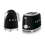 Smeg 50’s Style Retro Range Breakfast Set, 1.7L 3000W Variable Temperature Kettle and Multi-Functional Control 2-Slice 950W Toaster, Black, KLF04BLUK/ TSF01BLUK