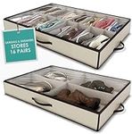 Woffit Under The Bed Shoe Organiser Fits 16 Pairs of Shoes + 4 Pairs of Boots - Under Bed Storage Solution for any shoe size,Beige,38*24*6 Inches