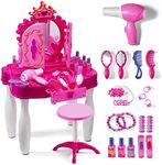 Play22 Pretend Play Girls Vanity Set with Mirror and Stool 20 PCS - Kids Makeup Vanity Table Set with Lights and Sounds - Kids Beauty Salon Set Includes Fashion Hair & Makeup Accessories & Blowdryer