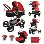 Baby Stroller 3 in 1 Pram Pushchair Buggy Child Lightweight Folding Stroller 3 in 1 Travel System Pram for Newborns Toddlers 0-36 Months from Birth Aluminium (Red - Rose Gold Frame)