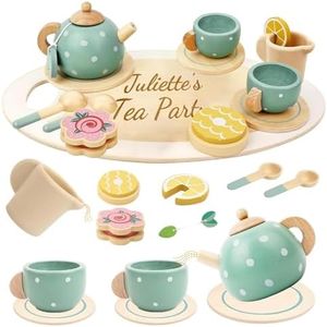 Usndhome Tea Sets for Toddlers 3-5 Girl Birthday Gift 2 Year Old Princess Party Wooden Play Food Toy Sets for Kids Kitchen Accessories Age 3-5 Wood Educational Toys (Flower Green)