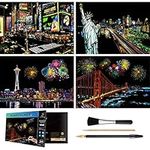 Rainbow Scratch Art Painting Paper (A4) for Kids & Adult, Night View Scratchboard Set: 4 Sheet Scratch Cards, Drawing Pen, Clean Brush (Times Square/Golden Gate Bridge/Seattle/Statue of Liberty)