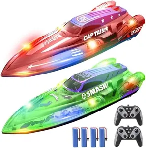 DEERC 2 Pack 13 inch Remote Control Boat for Kids, 4 Batteries, 2.4Ghz RC Racing Boat with LED Lights for Pools and Lakes, Summer Water Toy Gift for Boys 8-12