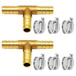 Da by 2 pcs 5/16"(8mm) Brass Tee Barb Fittings for 3/8" ID Hose,6 pcs Stainless Steel Pipe Clamps,T Shaped 3 Way Union Intersection for Water/Fuel/Air(T)