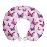 Ambesonne Butterfly Travel Pillow Neck Rest, Various Flying Butterflies Fairy Colors Hippie Style Print Design, Memory Foam Traveling Accessory for Airplane and Car, 12", Purple Pink