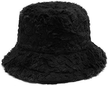 ZLYC Women Winter Crochet Bucket Hat Fashion Knit Faux Fur Trimmed Warm Cap (Furry Black)