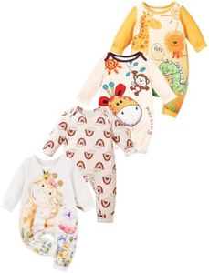 MOSSRIVER Baby Boy Rompers Baby Girl Outfits 4 Pack Long Sleeve Bodysuit Snap Crotch Closure Cute Graphic Romper Toddler Boys Fall Clothes(Giraffe Rainbow,1-3 Months)