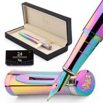 Wordsworth & Black Fountain Pen Set, 18K Gilded Medium Nib, Includes 24 Pack Ink Cartridges, Ink Refill Converter & Gift Box, Gold Finish, Calligraphy, [Rainbow], Perfect for Men & Women