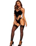 RSLOVE Womens Fishnet Bodystocking Lingerie Footless Stockings Sexy Tights Halterneck Pantyhose Sleeveless Lace Bodysuit Black