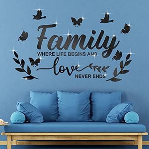 Mirror Family Wall Decor 3D Acrylic Wall Decal Stickers Family Letter Quotes Mirror Decor DIY Removable Wall Art Decals Motivational Butterfly Mural Stickers for Home Decor (Black)