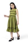 Fashion Dream Girls Knee-Length Fit And Flare Dress (GF0065_36_Olive Green_11 Years-12 Years)