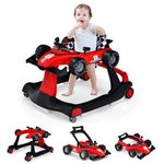 COSTWAY 4-in-1 Baby Walker, Foldable Push Along Walkers with Adjustable Height & Speed, Music, Lights, Steering Wheel, Toddler First Steps Early Development Toy, Ages 6-18 Months (Red)