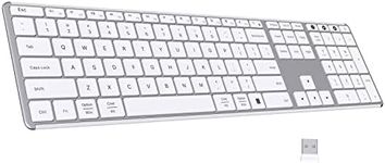 White Wireless Full Size Keyboard: Bluetooth Multi-Device USB Cordless Slim Quiet QWERTY Keyboard with Number Pad