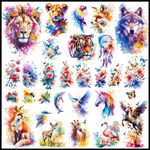 CHARLNET 3D Watercolor Temporary Tattoos For Women Men - 9 Sheets Large Realistic Watercolor Flower Lion Tiger Horse Tattoos for Adults Body Art/Long Lasting/Waterproof